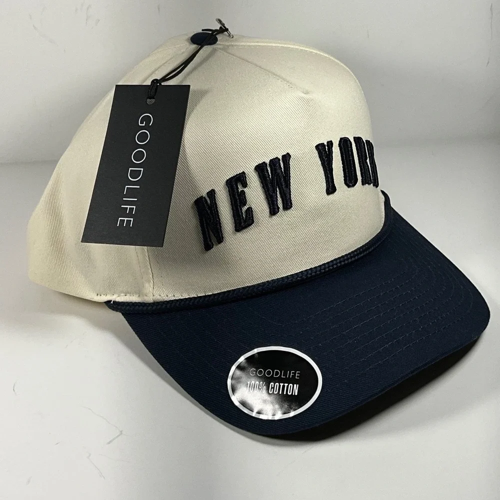 Goodlife New York Embroidered Snapback Hat Cream Navy Blue Cotton Est 1624 Cap